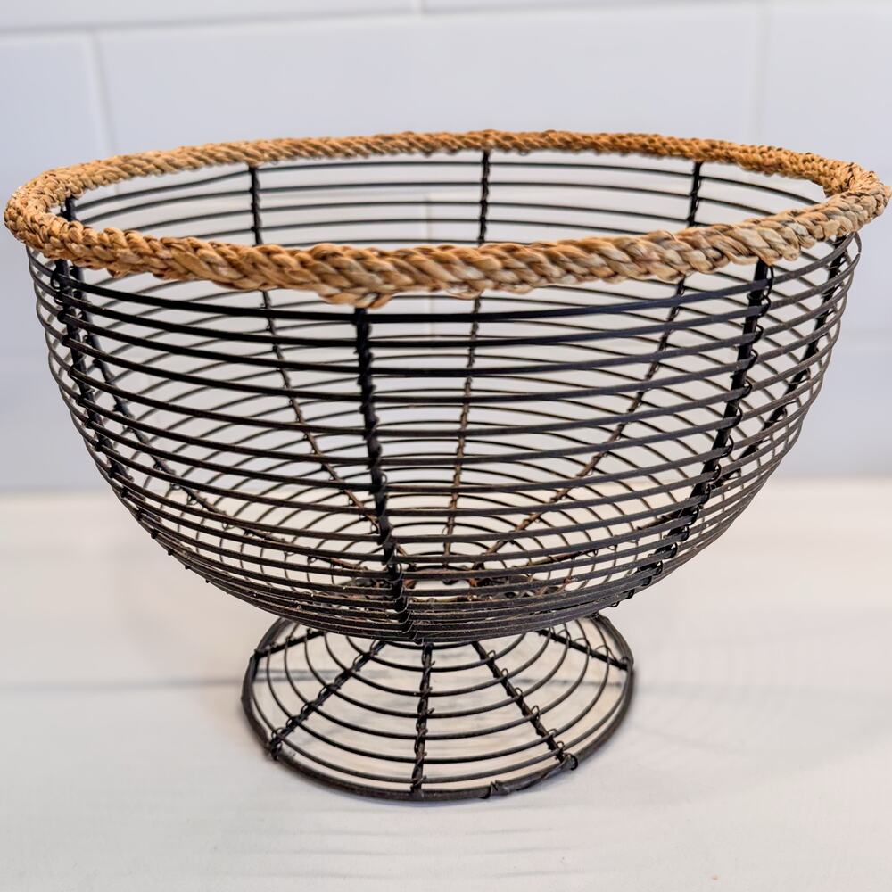 Vintage Footed Round Wire Basket w/ Jute Cord Trim, Country Farmhouse Cottage